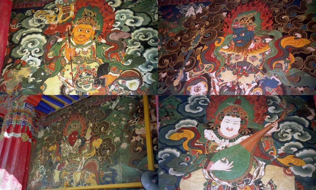 06 Four Guardian Kings The Four Guardian Kings are the protectors of the four cardinal directions and are almost always found at the entrance to monasteries and temples. Yellow Vaisravana (Tib. Namthose, also known as Jambhala) is the guardian of the north, and holds a victory banner in his right hand and a mongoose in his left hand. Blue Virudhaka is the guardian of the south and holds a sword. Red Virupaksa is the guardian of the west and holds a stupa in his left hand and a serpent in his right. White Dhrtarastra is the guardian of the east and holds a stringed musical instrument.